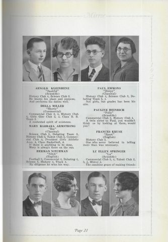 Arnold Kleinhenz ~ Memorial High School St. Marys, Ohio Yearbook ~ Class of 1927 ~ Page 21 ~ Whole Page. Source: St. Marys Community Public Library