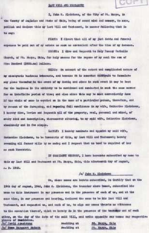 Last will and testament of John W. Kleinhenz. Dated: August 14, 1943. John died on December 27, 1944.