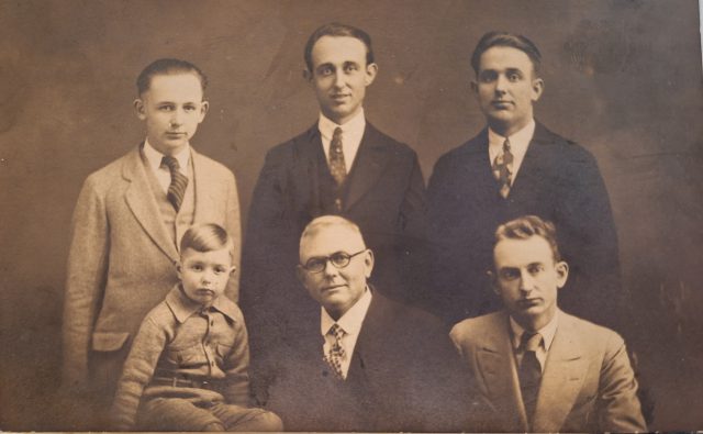 John W Kleinhenz and Sons. Standing L-R Arnold, Raymond, Alfred. Sitting L-R Edwin, John W., Leonard. Taken in 1927. Souce: Susan Kleinhenz Holland
