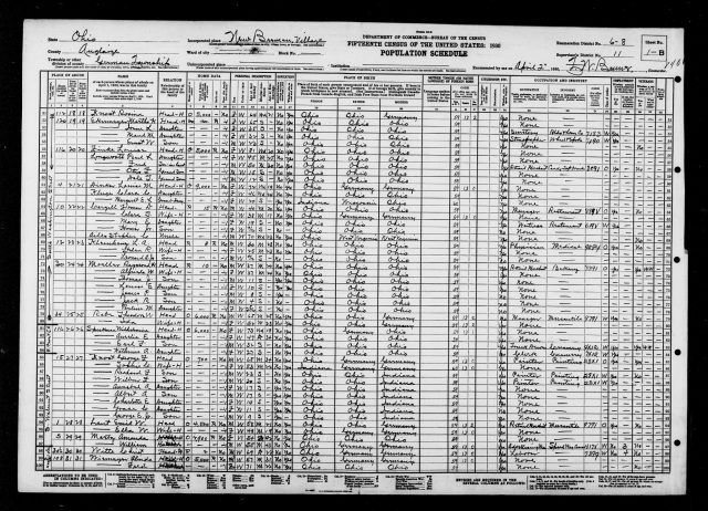 1930 US Census Page Showing Leonard and Helen Kleinhenz living at 12 South Washington St New Bremen Ohio