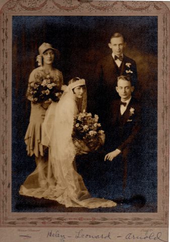 Wedding of Leonard Kleinhenz and Helen Russell in Lima, Ohio, on December 28, 1928. Standing L-R: Lucille Link, Arnold Kleinhenz. Sitting L-R: Helen (Russell) Kleinhenz and Leonard Kleinhenz. Source: Nancy (Golubic) Kleinhenz

DR. L. A. KLEINHENZ AND MISS HELEN RUSSELL TODAY ARE MARRIED IN LIMA

Dr. Leonard A. Kleinhenz, son of Mr. and Mrs. John W. Kleinhenz, of this city, and Miss Helen Russell, of Worthington, were married at 8 o’clock this morning at the St. Gerard Catholic church, in Lima, with the Rev. Patrick Murphy officiating. The bridegroom was attended by his brother, Arnold, who is a student at Ohio State university. Miss Lucille Link, of Monroeville, also a student at Ohio State university, acted as bridesmaid.

The bride’s gown was of white satin and her veil was of tulle. She carried an arm bouquet of roses and baby breath. Her bridesmaid wore a gown of green crepe with a hat of harmonizing color. She also carried an arm bouquet of roses and baby breath.

Among those to witness the beautiful ceremony were Mr. and Mrs. John Kleinhenz, Ray Kleinhenz, Miss Elfreda Kleinhenz, Miss Pauline Kleinhenz, Miss Esther Kleinhenz, Edwin Kleinhenz, of St. Marys; George Thieman, of Minster; Rev. Sebastine Cramer, of Cleveland, an uncle of the bridegroom, Mr. and Mrs. Wiemer and Mrs. Cole, of Worthington, Mrs. Calahan, of Lima.

Following the nuptials, the bridal party and a group of relatives and close friends went to the Hotel Argonne, where a wedding breakfast was served.

During the afternoon Dr. and Mrs. Kleinhenz left on a wedding trip to New York City, and on their return will live in Lima.

The bride is a daughter of Frank Russell, of Worthington. She is a graduate of Ohio State university and for the last year she has been a teacher of home economics at the high school in Wauseon.

The bridegroom is a graduate of the medical college at Ohio State university and is now serving an internship at the St. Rita’s hospital in Lima.

Both Dr. and Mrs. Kleinhenz have many friends who are extending best wishes and congratulations to them.

St. Marys, Ohio, Evening Leader Newspaper, December 27, 1928 - Page 6