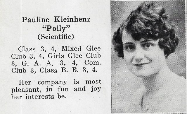 Pauline (Kleinhenz) Klug ~ Memorial High School St. Marys, Ohio Yearbook ~ Class of 1928 ~ Page 28 ~ Portrait. Source: St. Marys Community Public Library